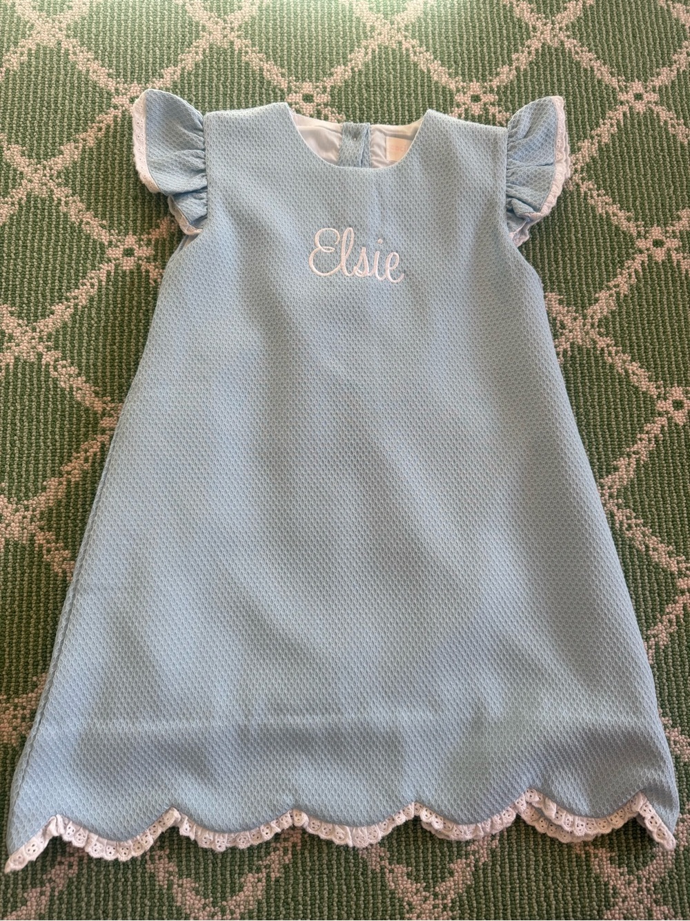 Light Blue Girls' Scallop Hem Dress with Embroidered Name “Elsie”